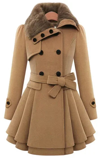 Women's Long Slimming Woollen Jacket Double Row Buttoned Narrow Fit Casual