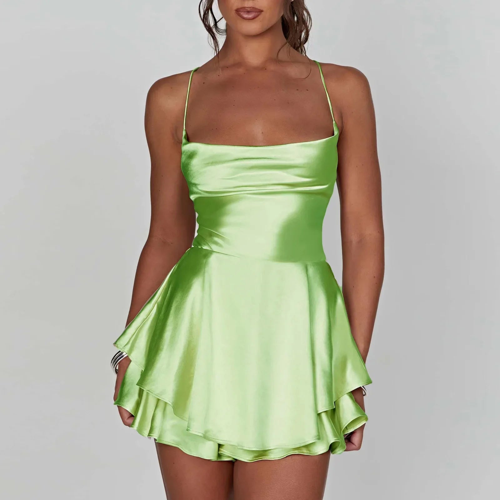 Women Sleeveless Satin Playsuits Fashion Summer Short Sling Backless Jumpsuits Cross Tie-Up Bandage Romper Streetwear Outfit