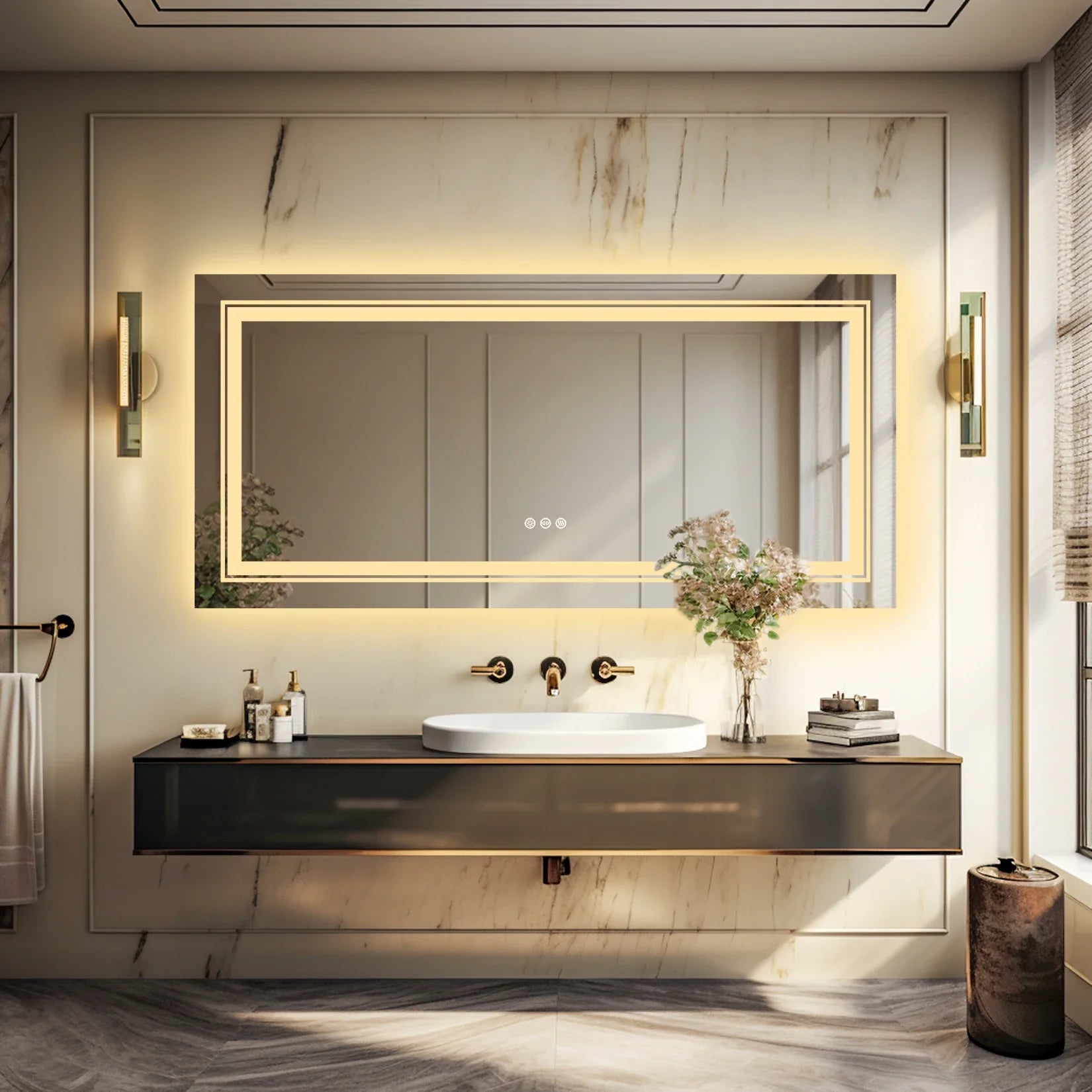 Large Wall-Mounted LED Illuminated Bathroom Mirror Touch Antifog Vanity Mirror Dimmable Commercial-Grade 42"