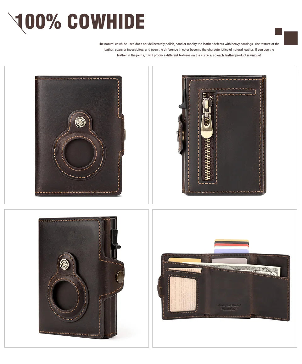 Anti-scan Magnet Credit Card Holder Wallet Genuine Leather Automatic Pop Out Aluminum Smart Wallets Luxury AirTag Purse Set