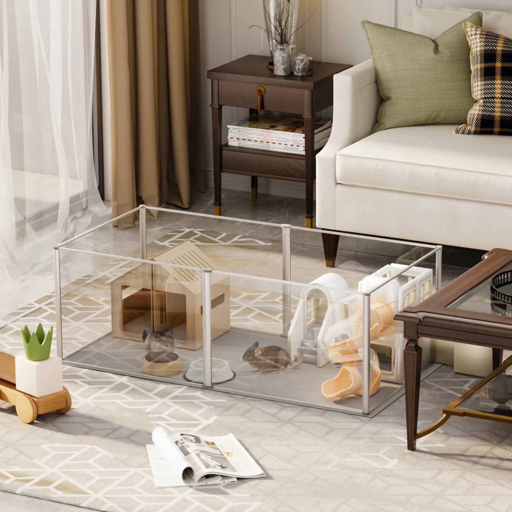 Acrylic Pet Dog Playpen Box, Indoor with Waterproof Pad, Puppy Crate, Kennel Fence for Guinea Pigs, Hedgehogs, 6 Panels