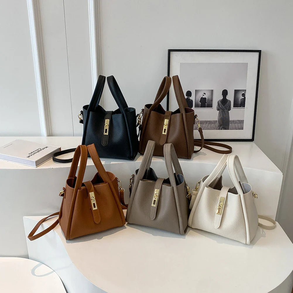 Luxury PU Leather Bucket Bag for Women Large Capacity Handbag with Inner Bag Double Handle Magnetic Closure Shoulder Bag Satchel