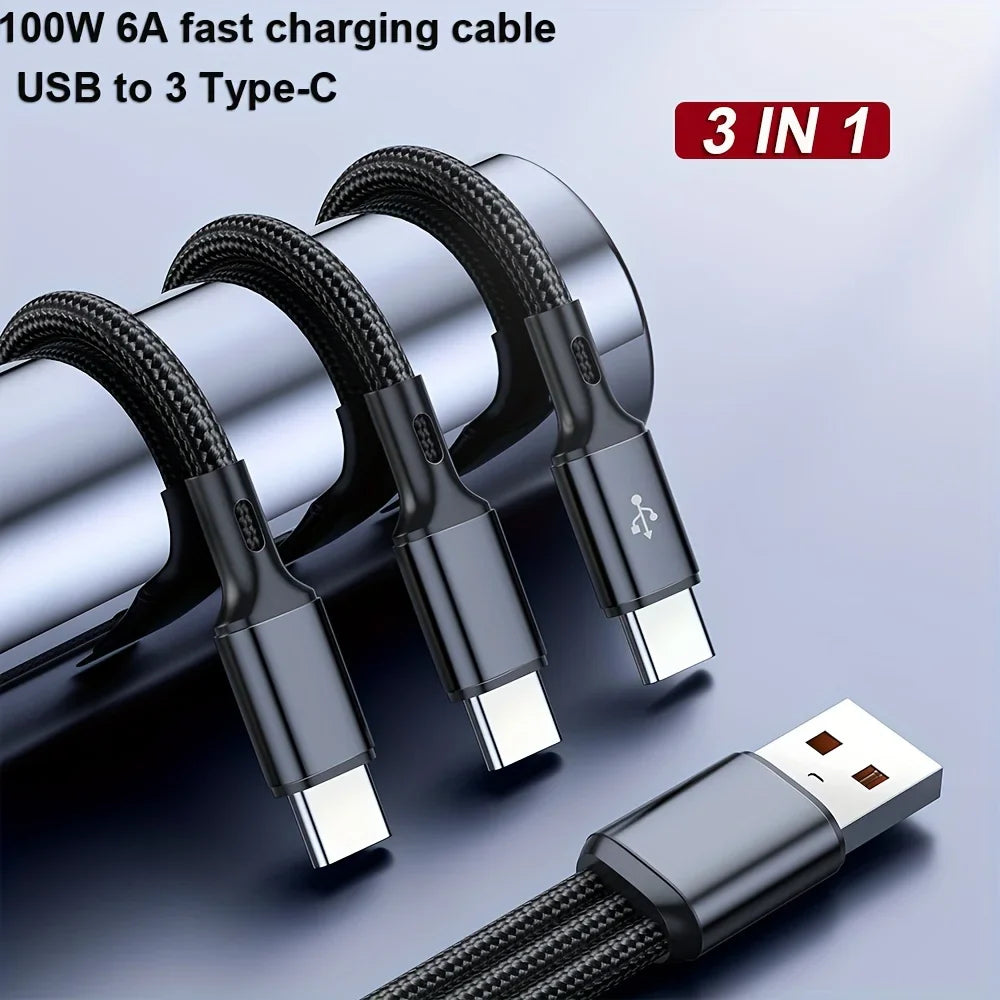 3 In 1 100W 6A USB-A to 3 ×Type-C Fast Charging Data Cable For Samsung S24 Xiaomi Huawei Android Phone USB C Data Transfer Cord