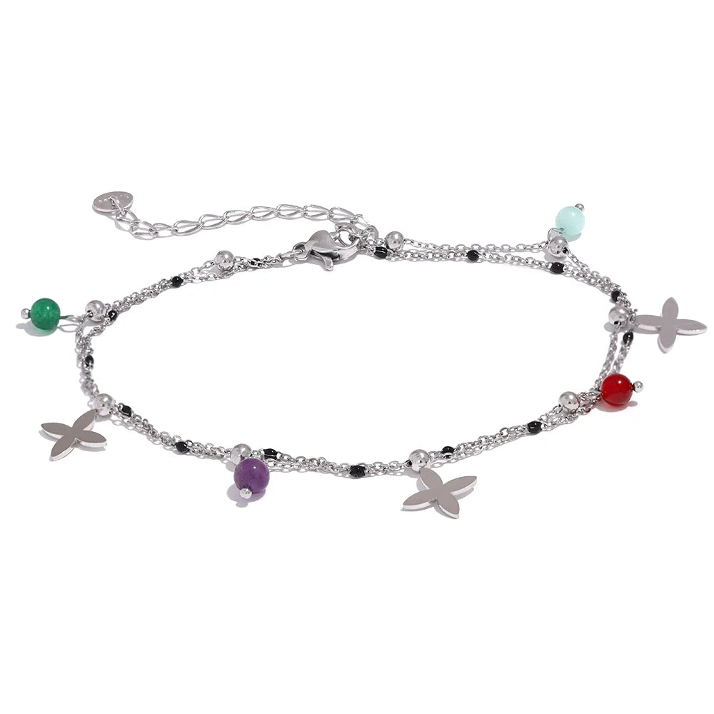 Yhpup Colorful Natural Stone Bead Flower Chain Stainless Steel Beach Anklet for Women Exquisite Summer Jewelry Bijoux Femme