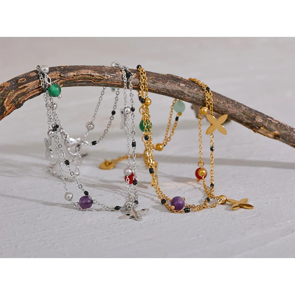 Yhpup Colorful Natural Stone Bead Flower Chain Stainless Steel Beach Anklet for Women Exquisite Summer Jewelry Bijoux Femme