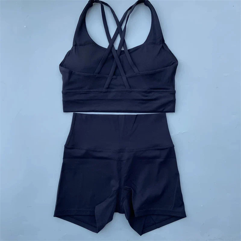 Solid Color gym bike Yoga Set short Legging +cross sport bra Tracksuit  Athletic Women Gym Suit Comprehensive Training Jogging