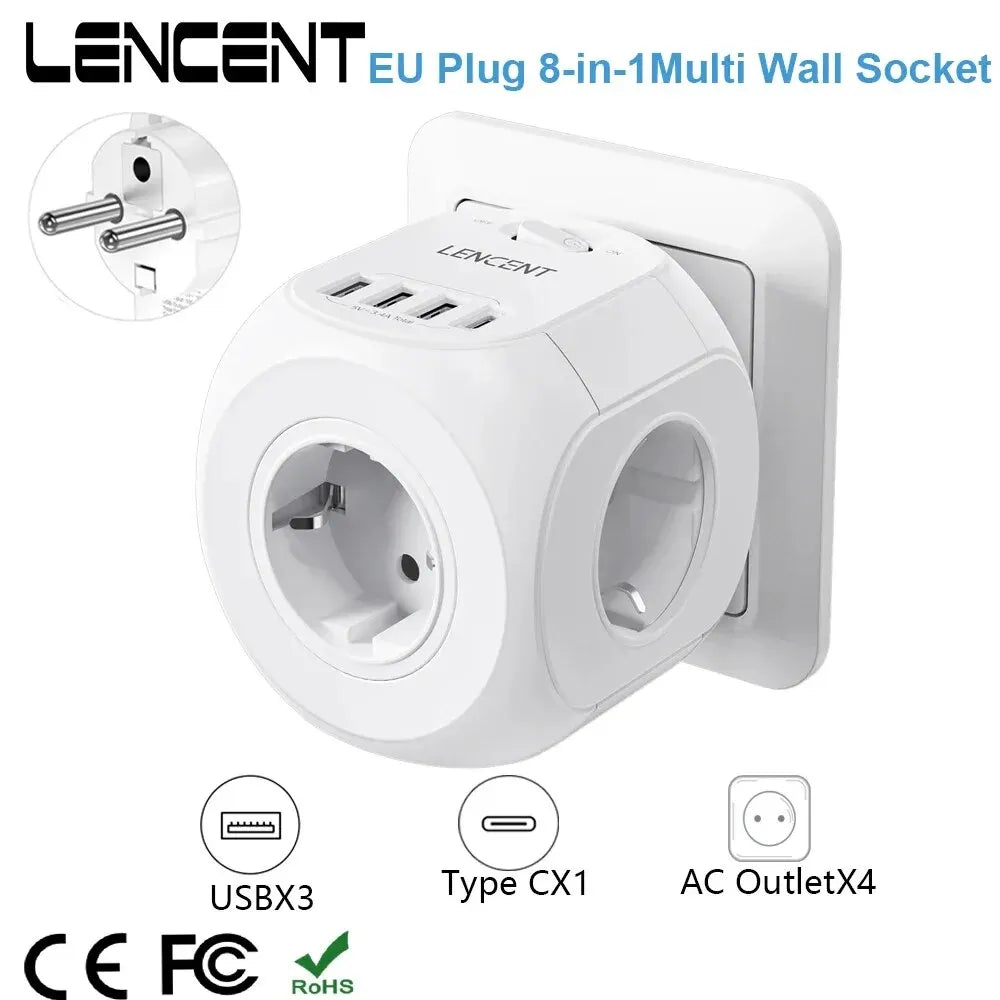 LENCENT EU Plug Wall Socket Extender with 4 AC Outlets+3 USB +1 Type C 5V/3A Charger Adapter 8-in-1 Socket On/Off Switch