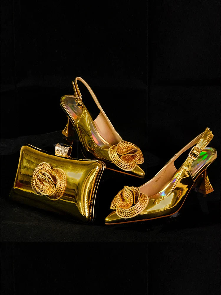 Elegant Shoe and Bag Bright Banquet African Women's tie Pointed Toe High Heels