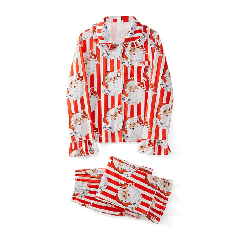 Family 2 Piece Satin Christmas Pyjamas Set Santa Print Long Sleeve Button down Sleepwear Matching Holiday Jumpsuit