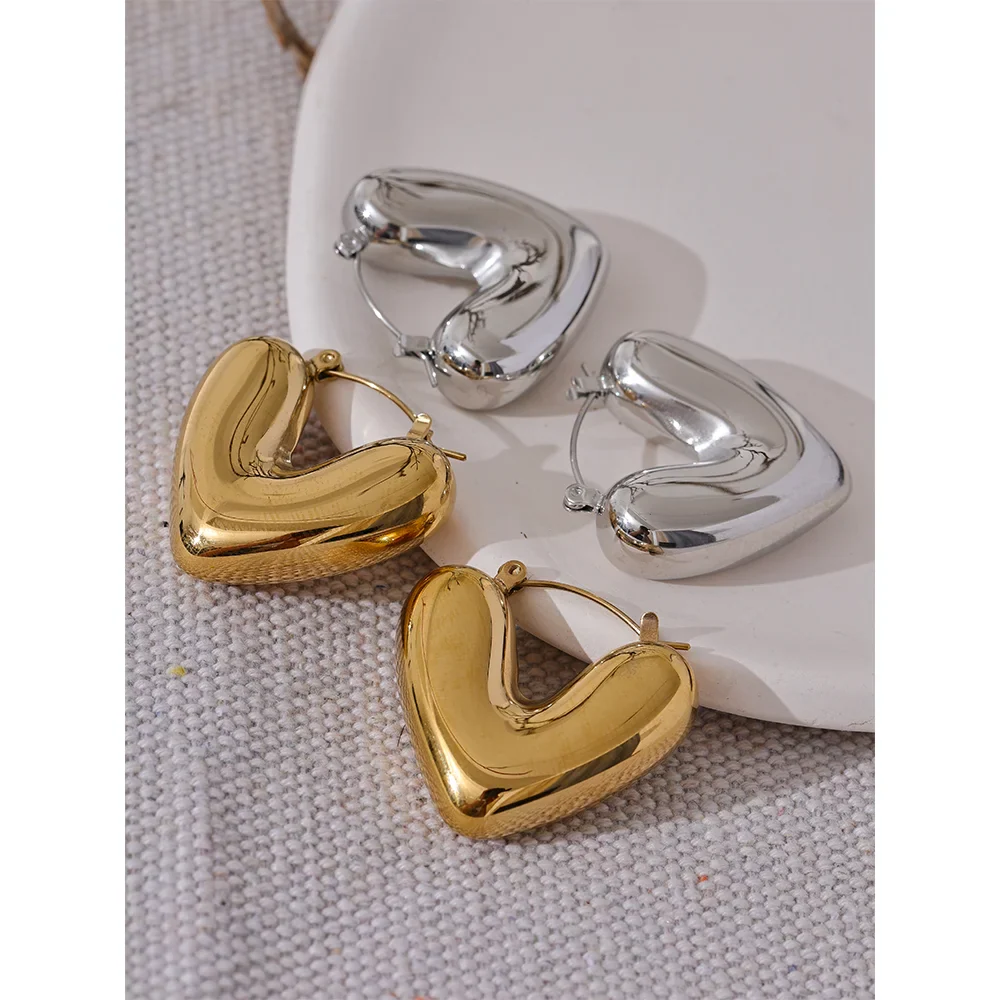 Yhpup Fat Fashion Stainless Steel Heart Chunky Hoop Earrings Charm Metal Texture Rust Proof Versatile Jewelry серьги тренд