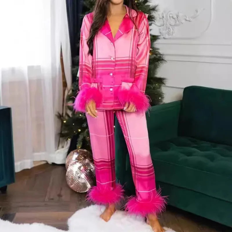 Women's Christmas Tree Plaid Satin Print Pajama Set Autumn Winter Home Sleepwear Long Sleeve Ankle-Length Pants Mid-Waist