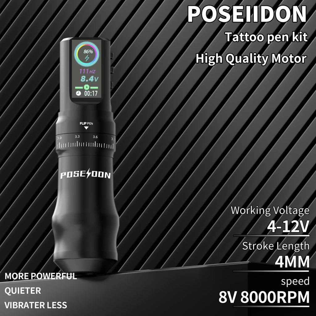 Tattoo Kit POSEIDON Tattoo Pen Kit For Permanent Makeup Tattoo Machine Kit Black Wireless Tattoo Power Supply Tattoo Gun Kit