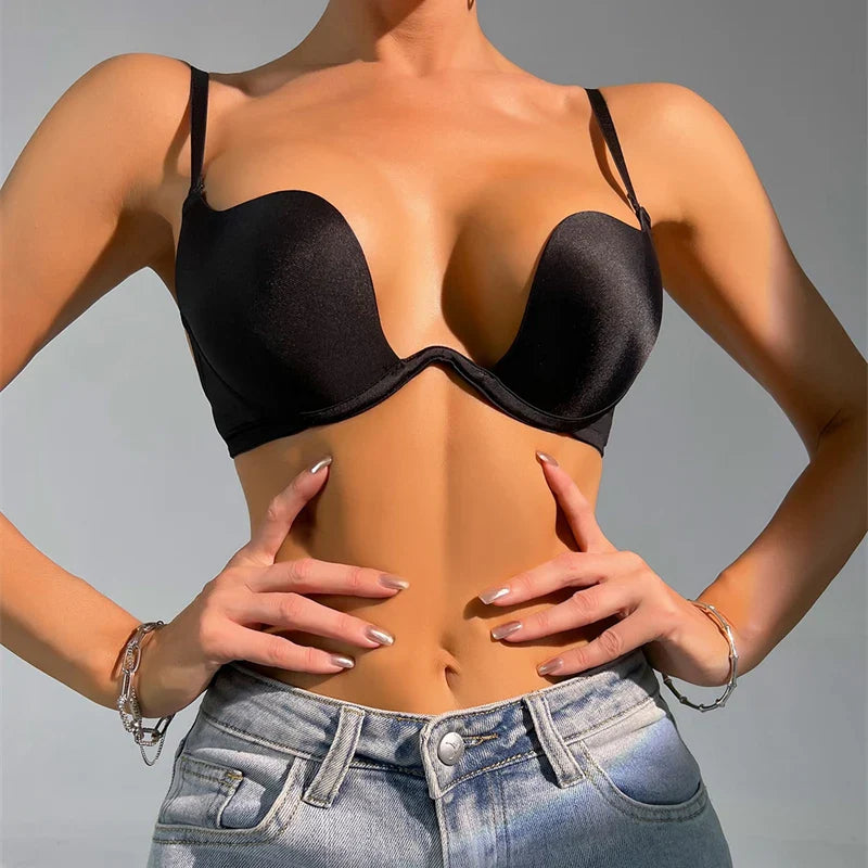 Push Up Bras Backless Women's Bra Low Cut Sexy Gather Brassiere Open Back Wedding Underwear Invisible Seamless Deep V Lingerie