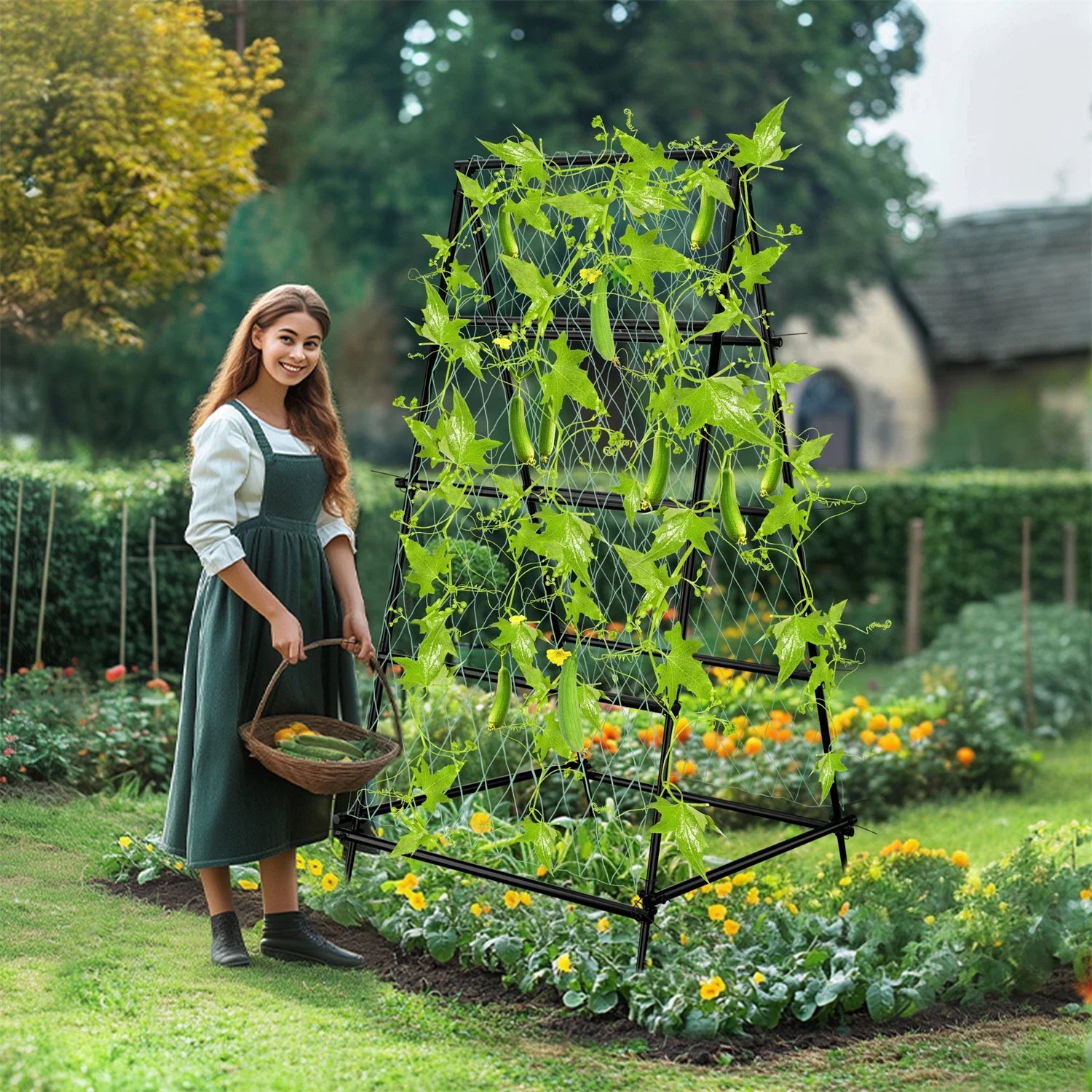 Metal A-Shaped Garden Arch Trellis for Climbing Plants Vegetable Cucumber Support Frame with Nylon Netting, Four Ground Spikes