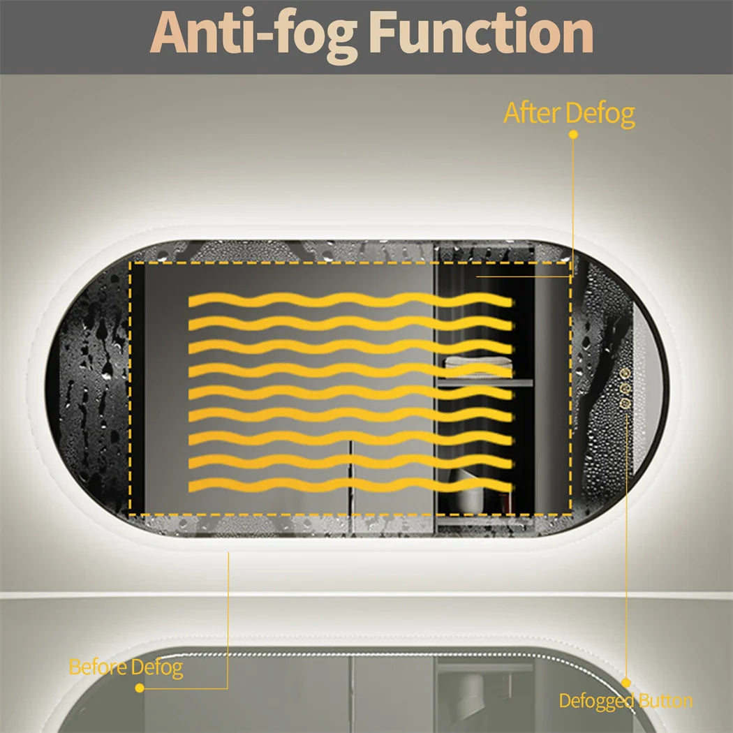 Oval LED Bathroom Mirror Smart Mirrors Dimmable 3 Colors Anti-Fog Light Memory IP65 CRI95 Large Wall Mounted Mirror 32 x 20 in