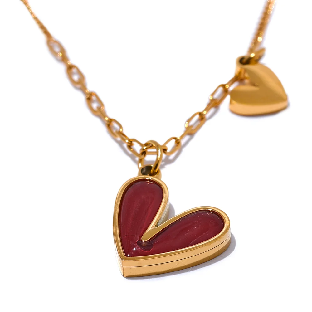 Yhpup Red Enamel White Natural Shell Stainless Steel Heart Pendant Necklace Trendy Exquisite Jewelry Attractive Accessories