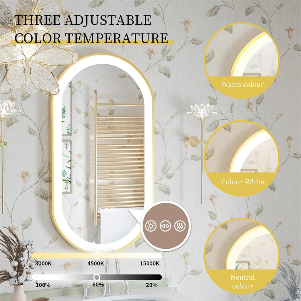 LUVODI Luxury Oval Led Illuminated Bathroom Mirror Gold Aluminum Frame with Demister Pad