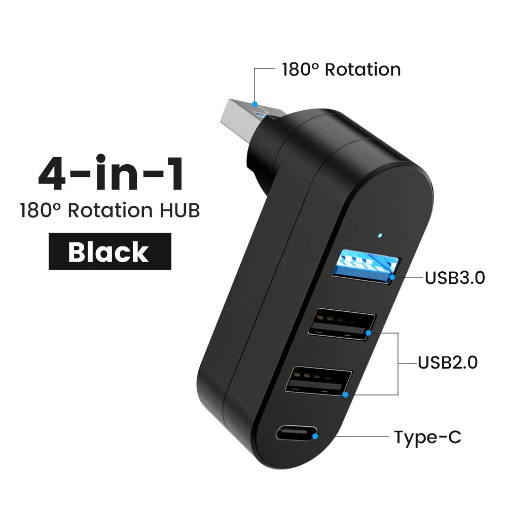 Elough Mini 180° Rotatable 4 Ports USB 3.0 2.0 Hub Type C High Speed Data Transfer U Disk Splitter Adapter For Laptop MacBook PC