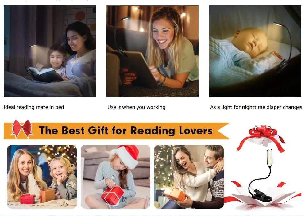 7 LED Book Light USB Rechargeable Reading Light 3-Level Warm Cool White Daylight Portable Flexible Easy Clip Night Reading Lamp