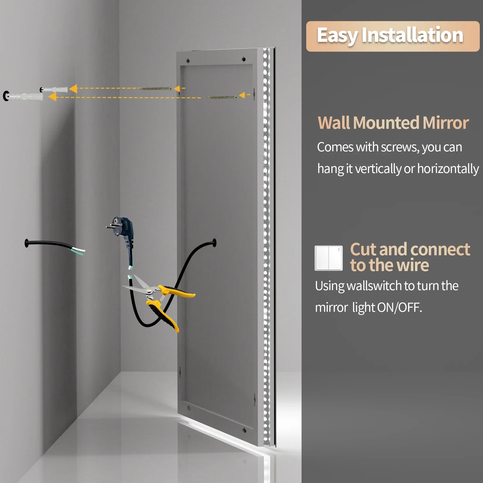 Large Wall-Mounted LED Illuminated Bathroom Mirror Touch Antifog Vanity Mirror Dimmable Commercial-Grade 42"