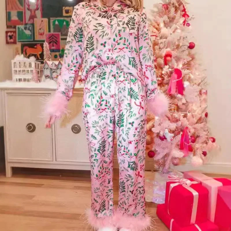 Women's Christmas Tree Plaid Satin Print Pajama Set Autumn Winter Home Sleepwear Long Sleeve Ankle-Length Pants Mid-Waist