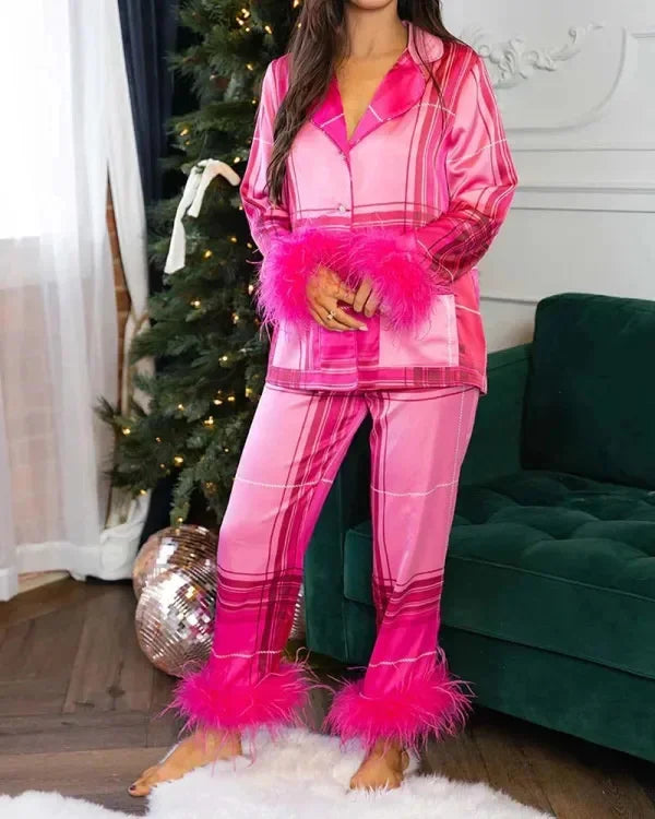 Women's Christmas Tree Plaid Satin Print Pajama Set