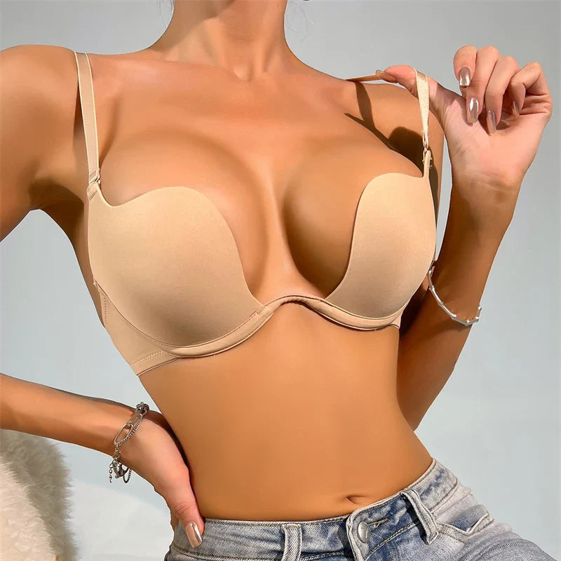 Push Up Bras Backless Women's Bra Low Cut Sexy Gather Brassiere Open Back Wedding Underwear Invisible Seamless Deep V Lingerie