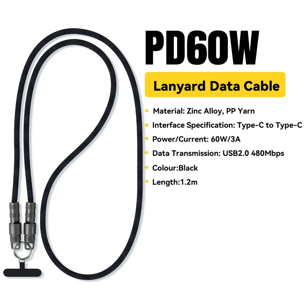 Essager 60W Type C To Type C Fast Charging Cable  For iPhone 16 Xiaomi Huawei  Lanyard  Halter Neck Wrist Multifunctional Cable