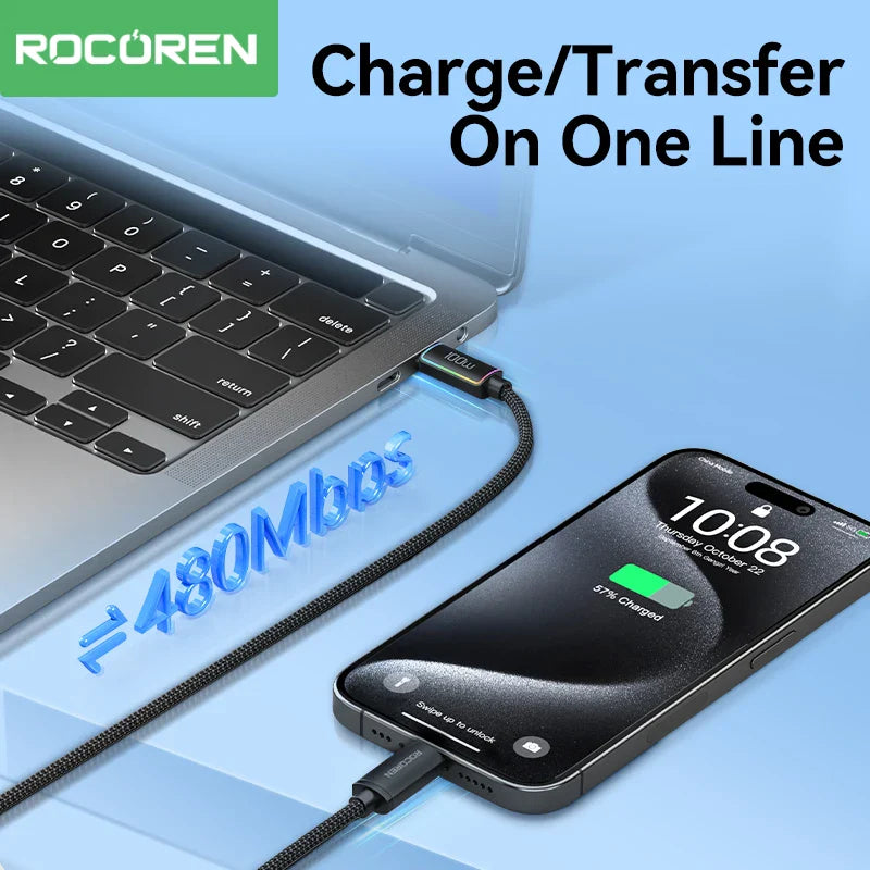 Rocoren 100W USB C to Type C Fast Charging Charger Cable 5A USB-C Cord PD 3.1 High Power Quick Charging For MacBook iPad iPhone