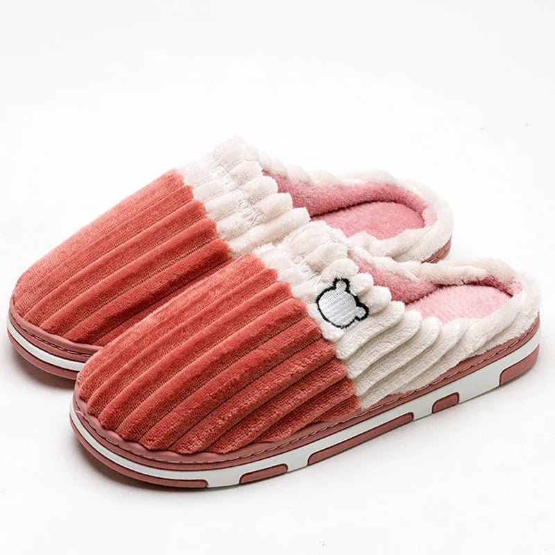 Smile Pop Women Confinement Soft Cotton Slippers Warm Non-slip Plush Home Cotton Slippers Men Winter Couple Cotton Slippers