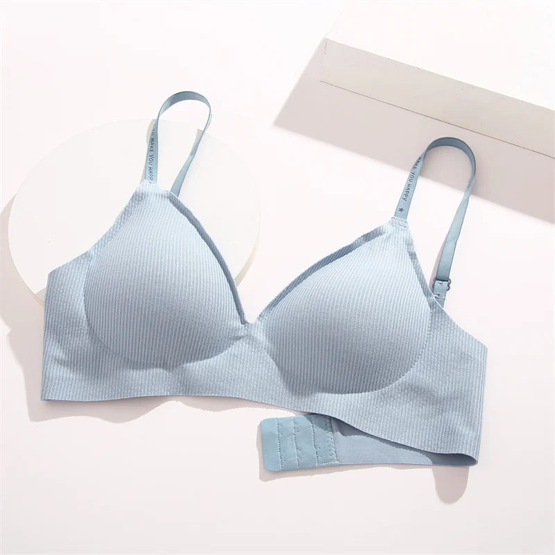 FINETOO Women Wireless Bra Deep V Padded Bralette S-XL Trendy Stripe Knitting Bras Sexy Ladies Brassiere Solid Underwear 6 Color