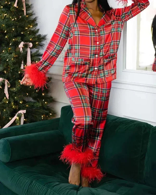 Women's Christmas Tree Plaid Satin Print Pajama Set Autumn Winter Home Sleepwear Long Sleeve Ankle-Length Pants Mid-Waist