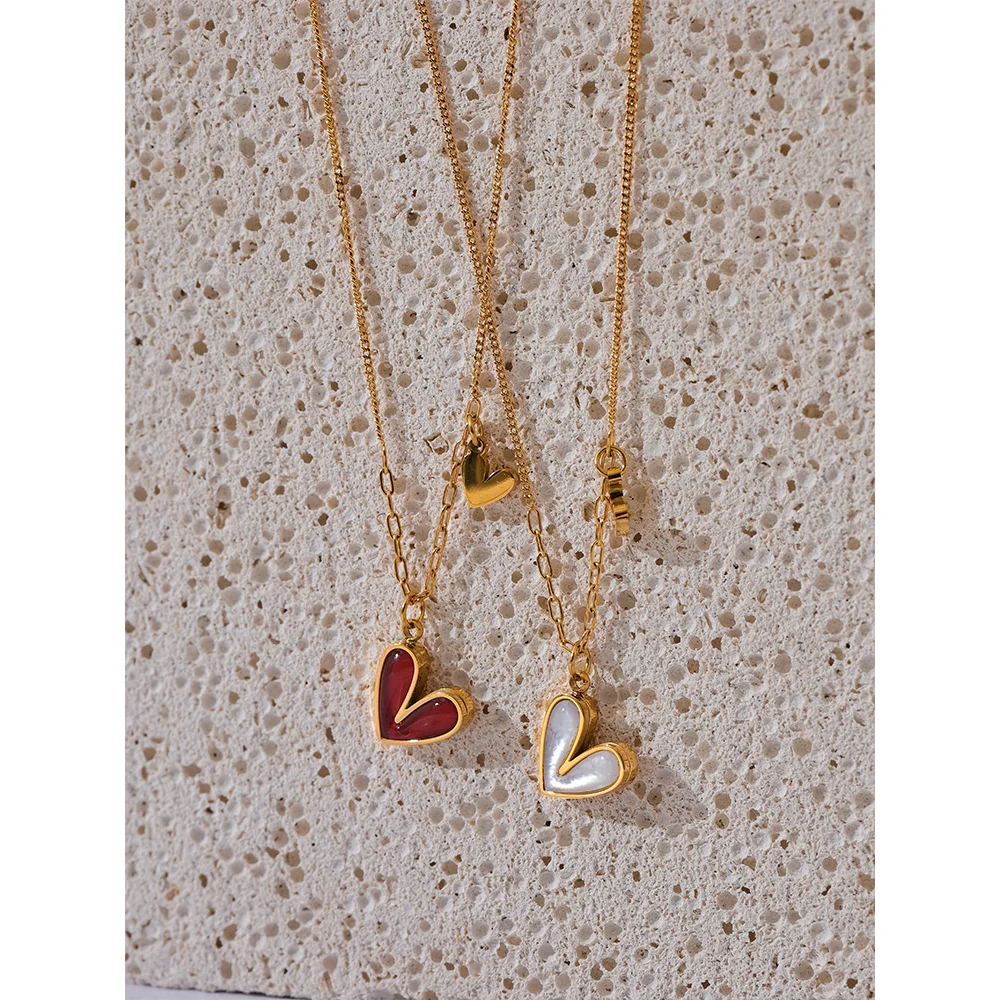 Yhpup Red Enamel White Natural Shell Stainless Steel Heart Pendant Necklace Trendy Exquisite Jewelry Attractive Accessories