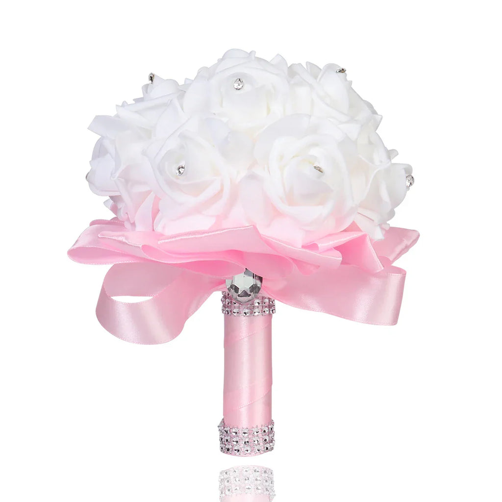 Cheapest PE Rose Bridesmaid Wedding Foam flowers Rose Bridal bouquet Ribbon