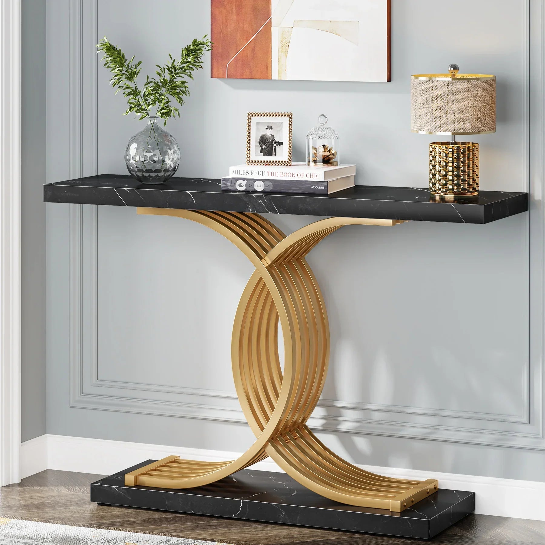 Gold Entryway Table, Modern 39-Inch Console Faux Marble Narrow Wood Sofa with
