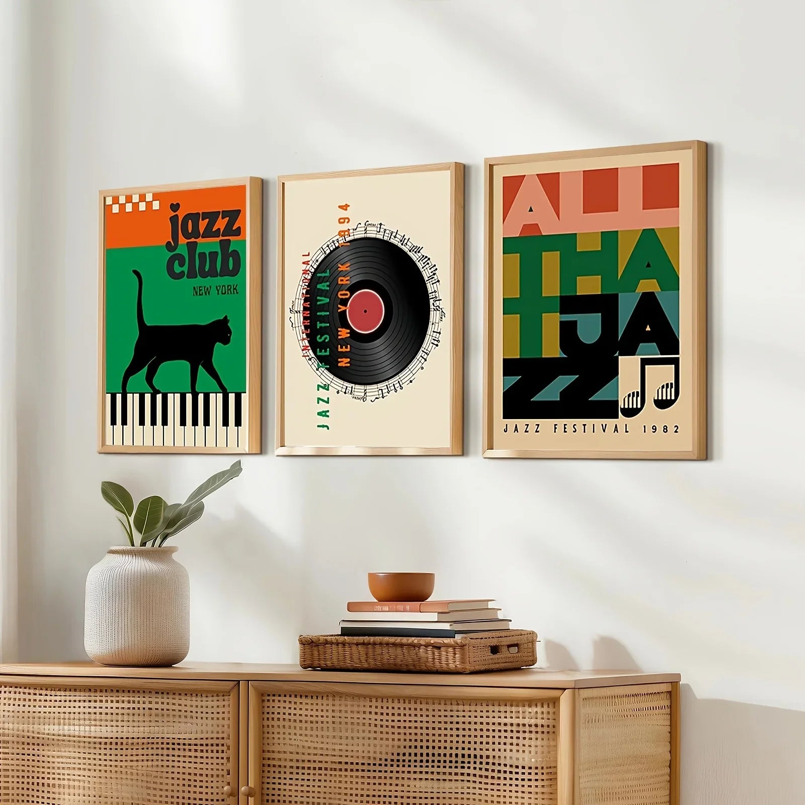 Vintage Jazz Music Poster Print – Retro Album Cover Art, Black Cat Piano, Vinyl Record & Festival Design Wall Art for Living Room Decor
