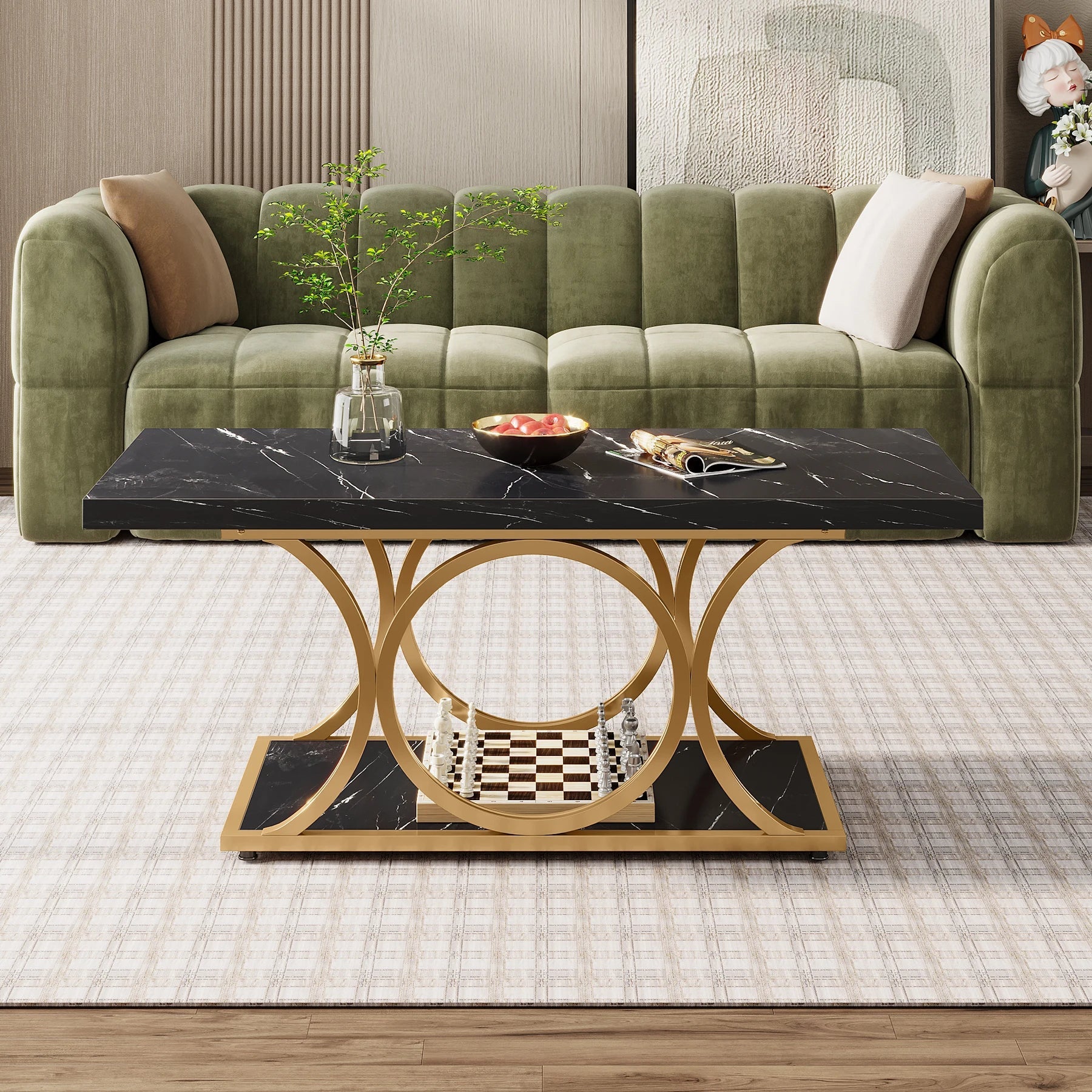 Tribesigns Rectangle Coffee Table, 47.24-inch Modern Coffee Tables for Living Room, 2-Tier Faux Marble Wood Coffee Table