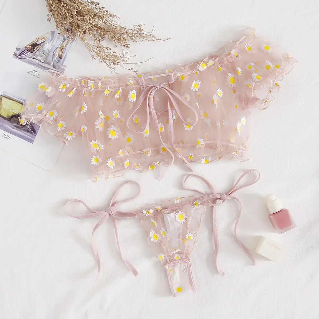 Sexy Fancy Lingerie Set 2 Pieces Transparent Halter Off Shoulder Women's Underwear Beautiful Daisy Print Bra And Panty Sets