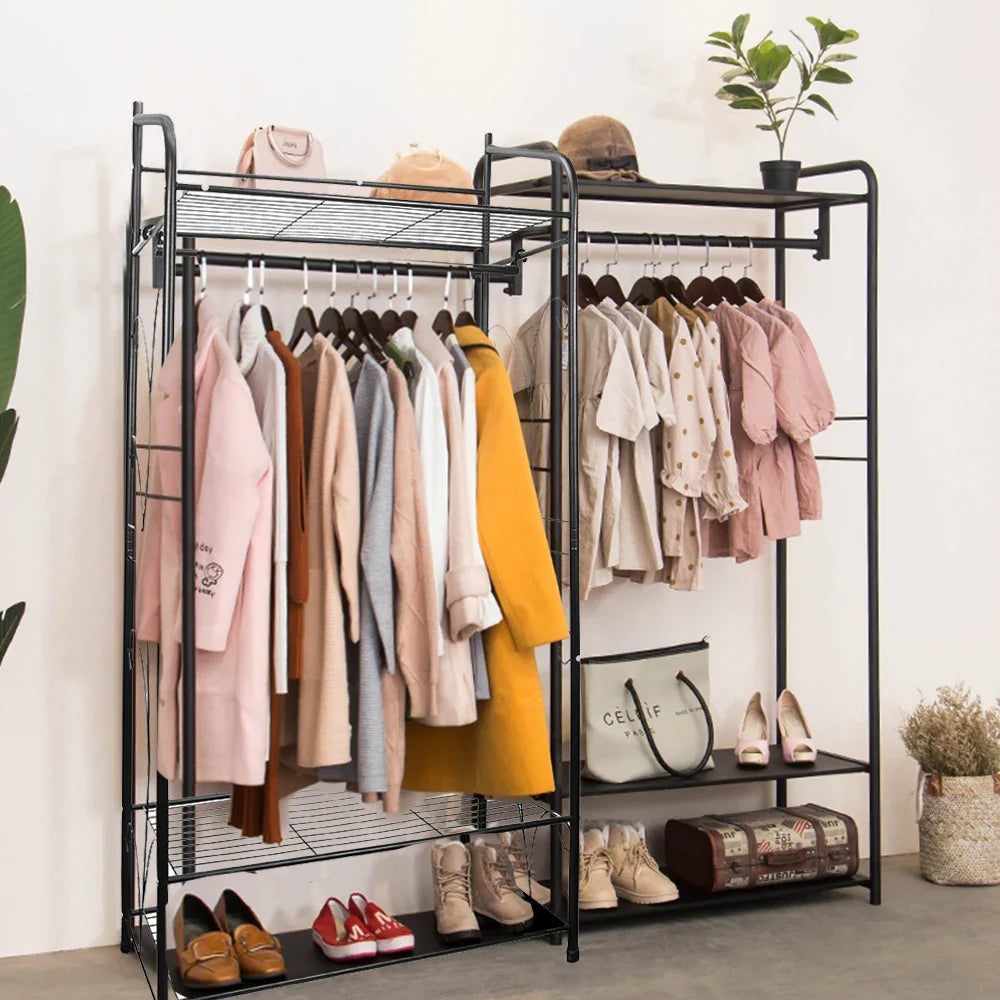 Heavy Duty Clothes Rack, Coat Stand Hanger, Garment Organizer Closet, Metal Storage Shelves, Strong Load 110lbs