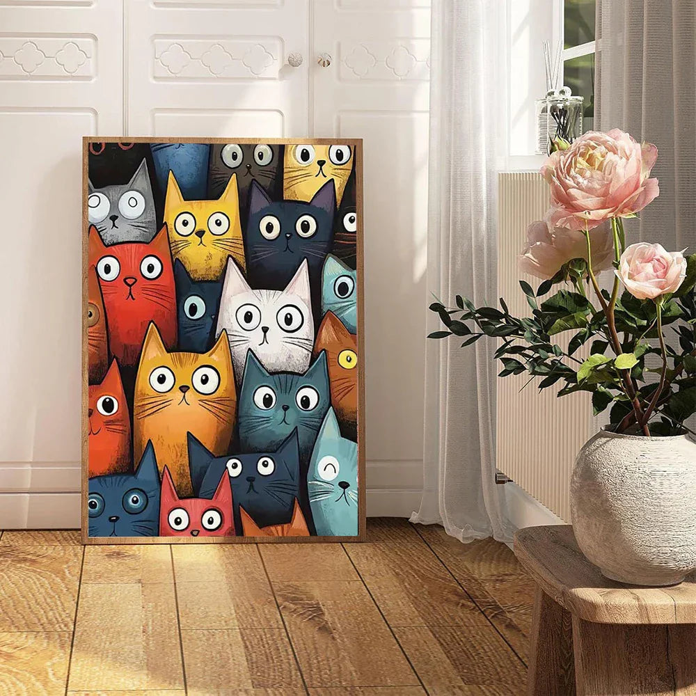 Nordic Cartoon Cat Canvas Art – Colorful Cat Wall Art for Bedroom, Living Room, or Office Decor