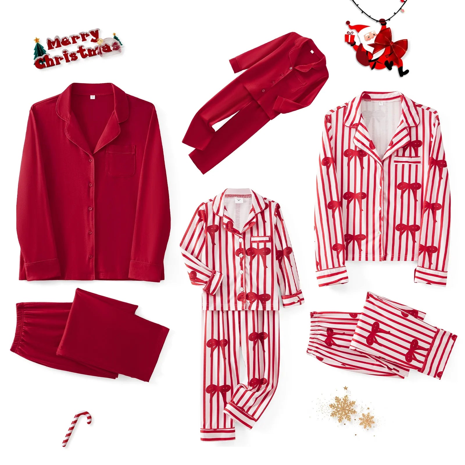 Family 2 Piece Satin Christmas Pyjamas Set Santa Print Long Sleeve Button down Sleepwear Matching Holiday Jumpsuit