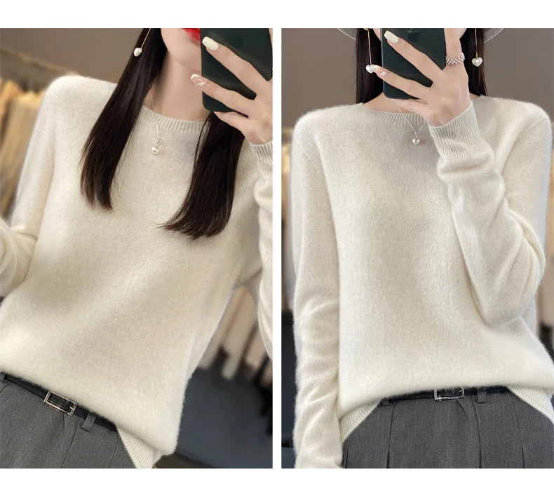 100% Merino Wool Women’s Sweater – Soft Cashmere-Feel O-Neck Pullover, Autumn/Winter Warm Knit Top (14 Colours)