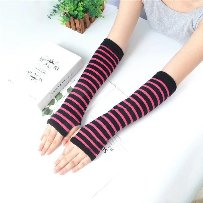 Winter Warm Long Sleeves Gloves for Man Women Fingerless Stripe Hip-Hop Knitted Elbow Mittens Elastic Outdoor Warmer Arm