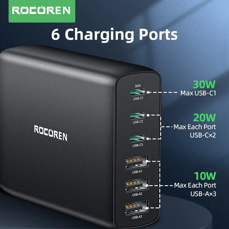 Rocoren 100W USB Charger Type C 6 Ports Desktop Charger Station