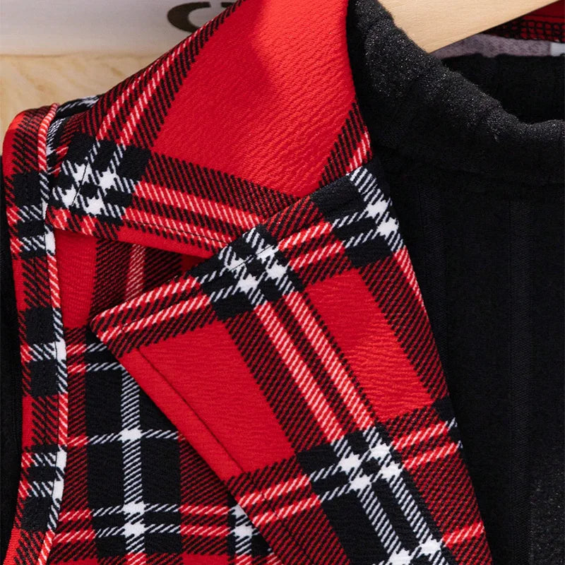 Winter Girls Three Piece Set Cute Warm Plaid Printed Jacket Long Sleeved Pants Princess Style Birthday Party Dress