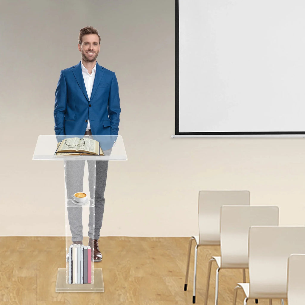 Acrylic Podium Floor Standing Clear Lecterns W/ Storage Shelf School Stand Desk Church Pulpit Office Lecture Table 43in H