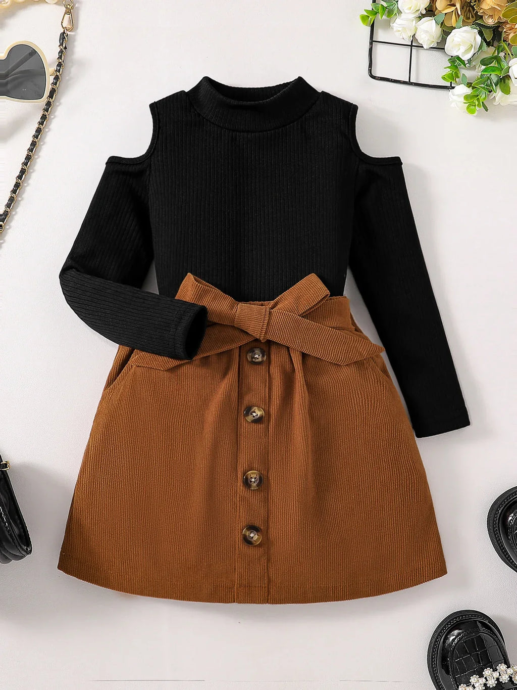 Children's Clothing Girls' Autumn New Fashion Set - Solid Color T-shirt Off