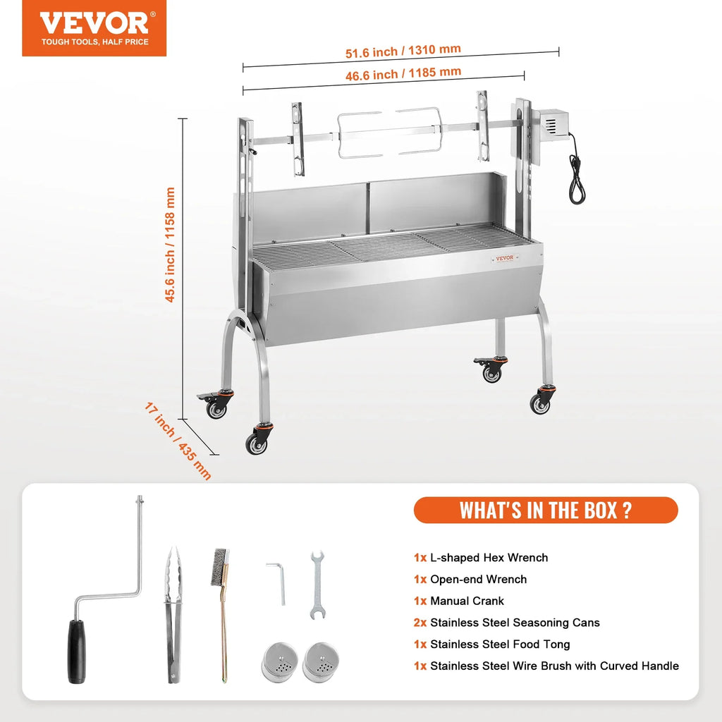VEVOR 46inch Rotisserie Grill with Windscreen Charcoal Spit Grill 132 Lbs Capacity Stainless Steel Roaster with Lockable Wheels