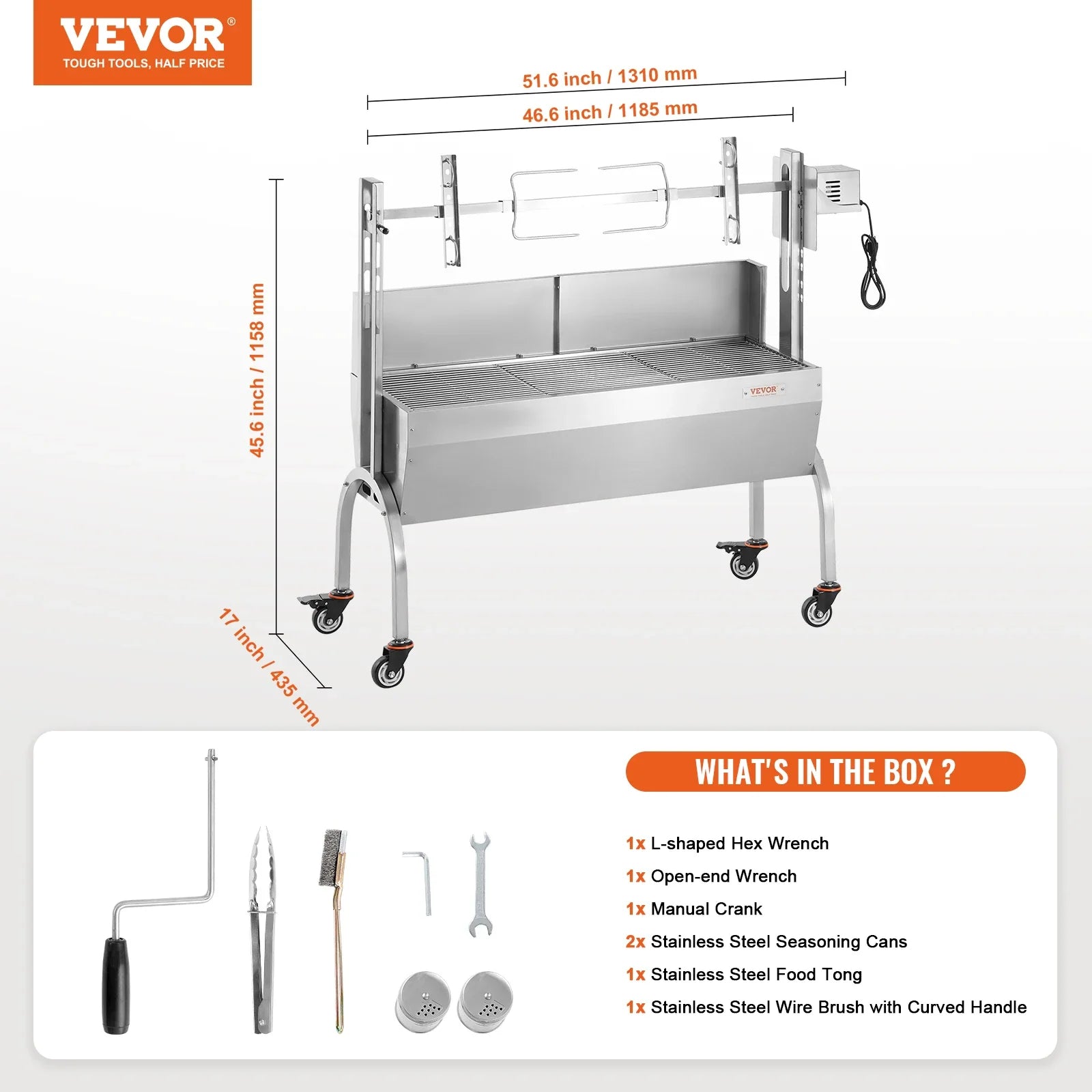 VEVOR 46inch Rotisserie Grill with Windscreen Charcoal Spit Grill 132 Lbs Capacity Stainless Steel Roaster with Lockable Wheels