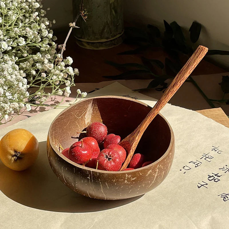 Natural Coconut Bowl Wooden Handmade Coconut Bowls for Eating Tableware Fork Spoon for Dessert Fruit Salad Mixing Rice